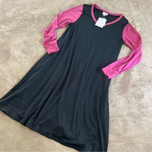 BRAND NEW! Lularoe | Emily Swing Dress Solid Black Pink Ringer Collar & Sleeve S